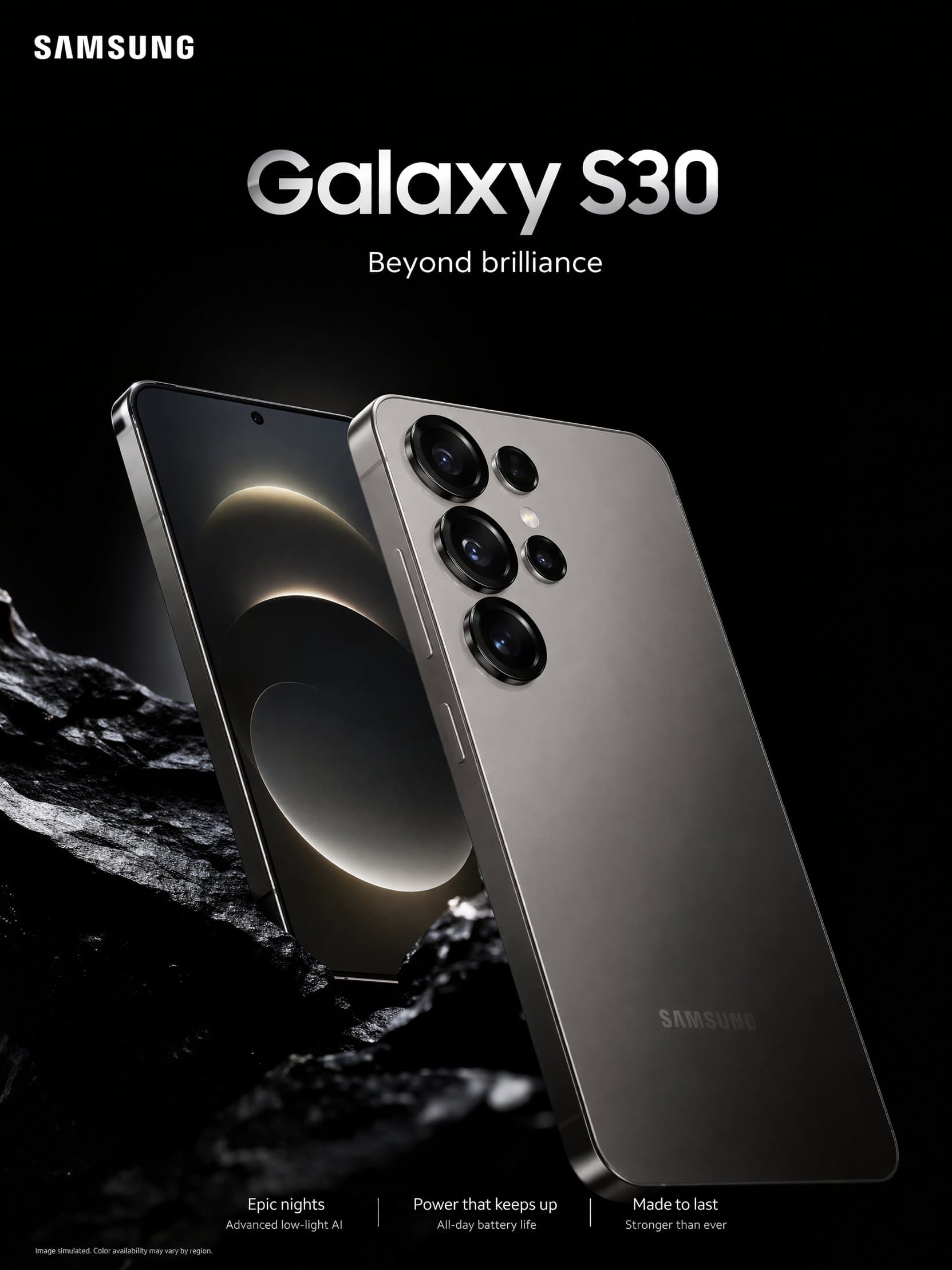 AI-generated Samsung Galaxy S30 product advertisement with perfect text rendering